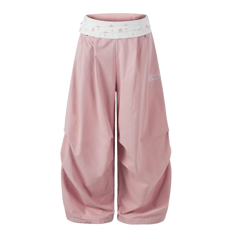 American-style streetwear harem pants Sweet Solid Tone Star Flip Waist Casual Pants