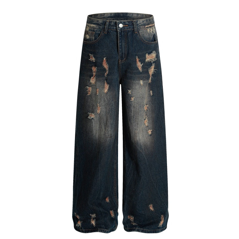 American-style streetwear harem pants Heavily Distressed Wide Leg Denim