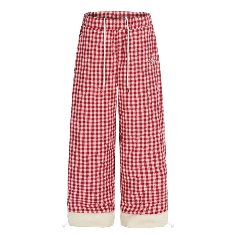 American-style streetwear harem pants Red & Blue Check Plush Lined Wide Cotton-padded trousers