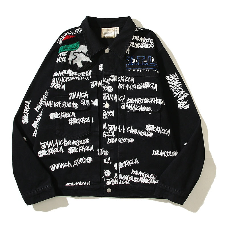 American-style baseball jacket Stu x Tears American High-Street Collaboration: Denim Jacket Featuring All-Over "Barrage" Text Print and Embroidered Cotton Boll Motifs.