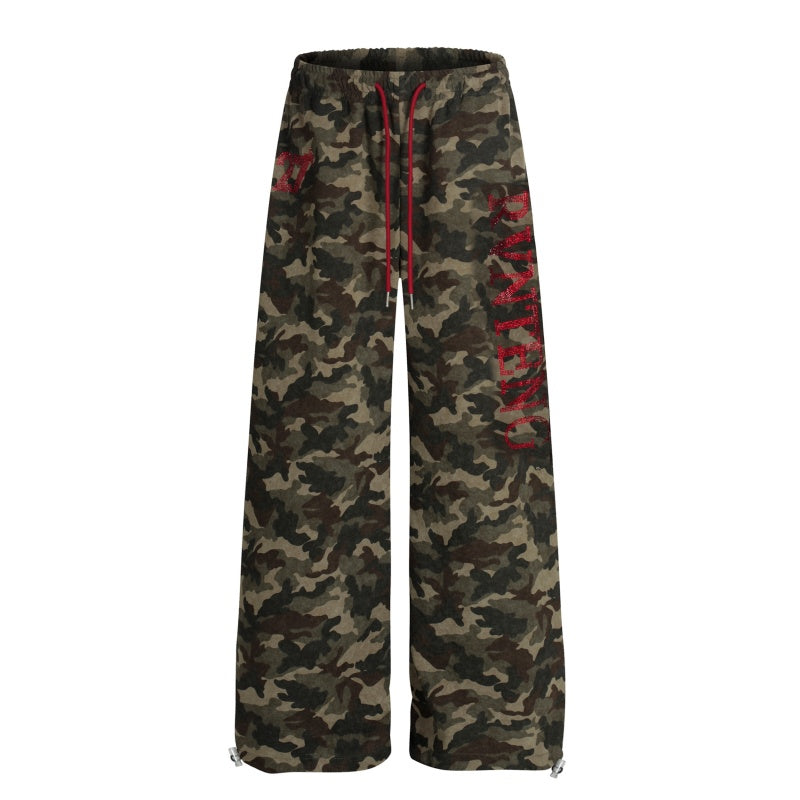 American-style streetwear harem pants Vintage Camo Red Graphic Draped Wide Leg