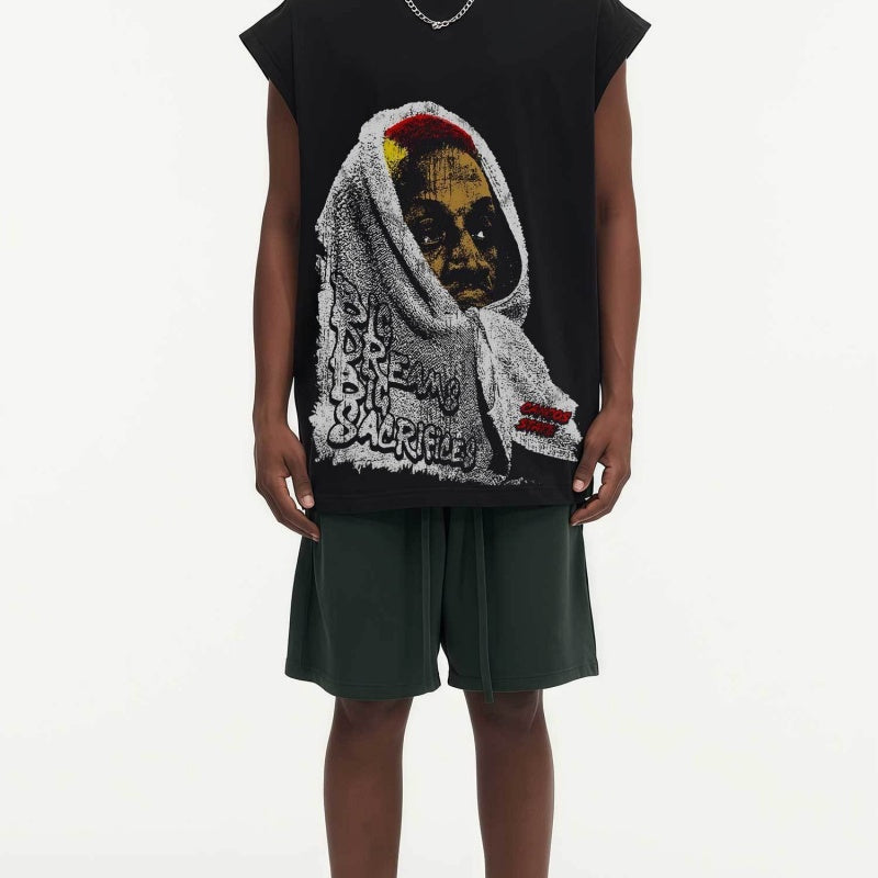 BIG FACE Drop-Shoulder Tank Top High-street vintage style featuring a small neckline, white-ink digital direct-to-garment (DTG) printing, and a heavy-duty, distressed wash finish; crafted from 260g double-yarn plain-knit fabric.