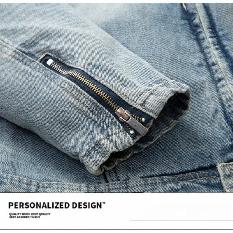 Denim Jacket & Jeans High-Street Trend Mens Y2K Streetwear Jacket Vintage Light Blue Washed Moto Biker Zip Front Casual Denim Outerwear (jacket and jeans must be purchased separately.)