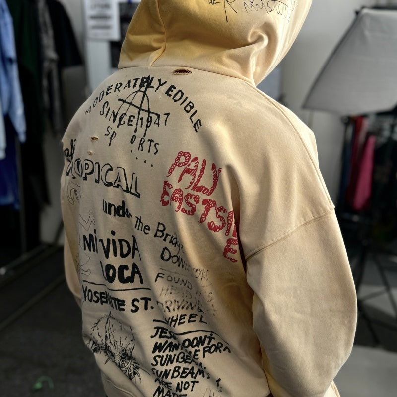 Unisex Vintage Hoodie PalyHollywood SS25 “EPDS” Exclusive: Washed & Distressed Hoodie. Features multi-zone handcrafted distressing and a heavyweight "Asut" enzyme-milled wash finish.