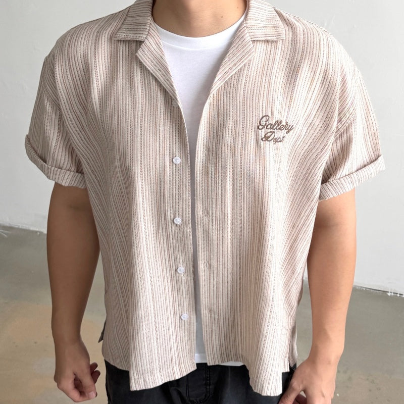 Unisex Vintage T Shirts GALLERY DEPT. 26SS American vintage-style, loose-fitting short-sleeve shirt featuring a Cuban collar and a "dapper old-money" aesthetic. Crafted from a custom linen-blend fabric with a vertical-stripe jacquard weave; breathabl