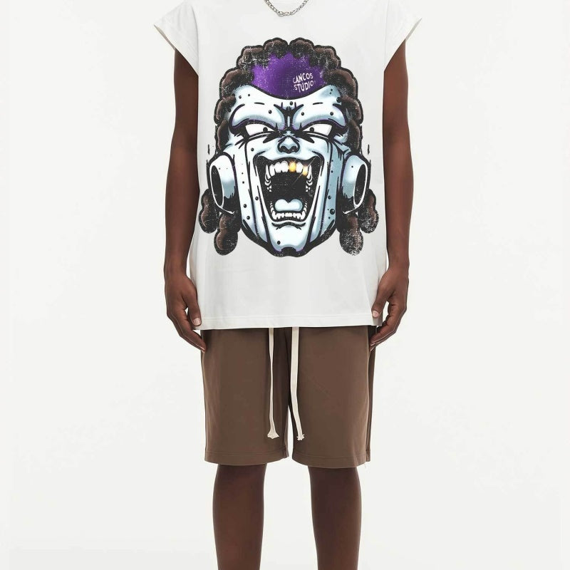 BIG FACE Drop-Shoulder Tank Top High-street vintage style featuring a small neckline, white-ink digital direct-to-garment (DTG) printing, and a heavy-duty, distressed wash finish; crafted from 260g double-yarn plain-knit fabric.