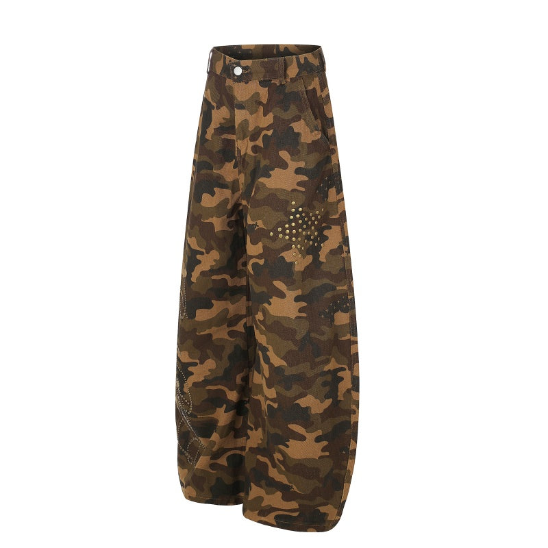 American-style streetwear harem pants Vintage Camo Stud Decor Wide Pants