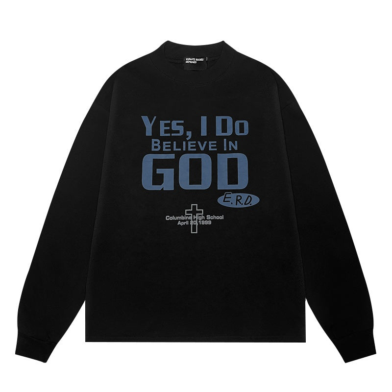 ERD Long sleeved shirt  Black Loose Top Bold Blue Letter Minimal Symbol Graphic