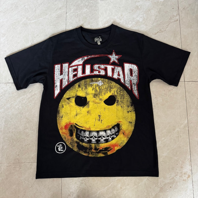 Vintage-style American T-shirt Worn Texture Sinister Smiley Design
