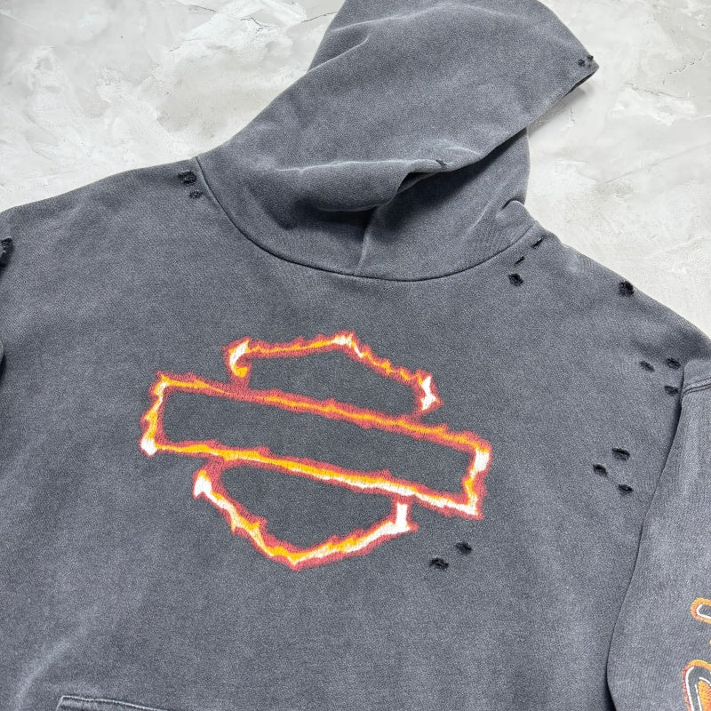 Unisex Vintage Hoodie Harley-Davidson "West Coast Flames & Cross" Limited Edition Distressed Hoodie — featuring multi-area handcrafted distressing and heavy-duty enzyme-washed, faded finish.