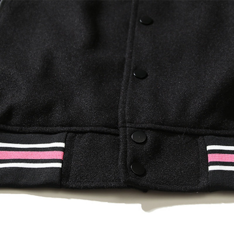 American-style baseball jacket American-style trendy high-street streetwear featuring back-panel graffiti, slogan, and lettering with intricate, high-density embroidery—embodying the "vibe" aesthetic.