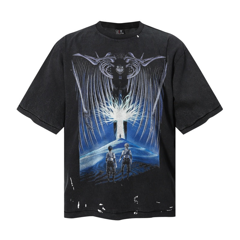 Saint Michael T Shirts Retro Destroyed Wash Giant Wings Mountain Two Characters Graphic