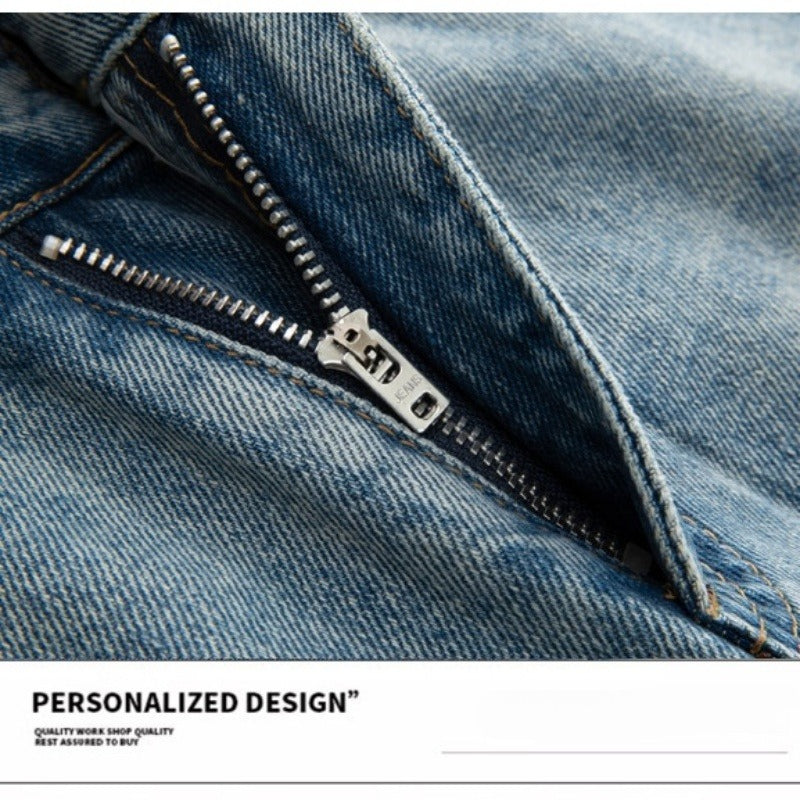 Denim Jacket & Jeans High-Street Trend Mens Y2K Streetwear Jacket Vintage Light Blue Washed Moto Biker Zip Front Casual Denim Outerwear (jacket and jeans must be purchased separately.)