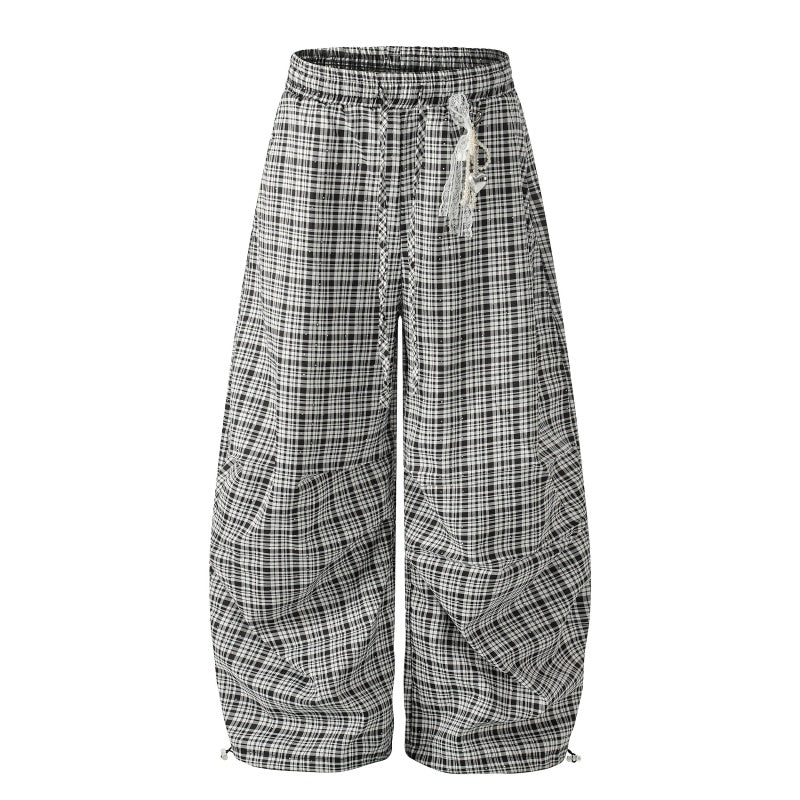 American-style streetwear harem pants Plaid Bow Tie Ruched Curved Bottoms
