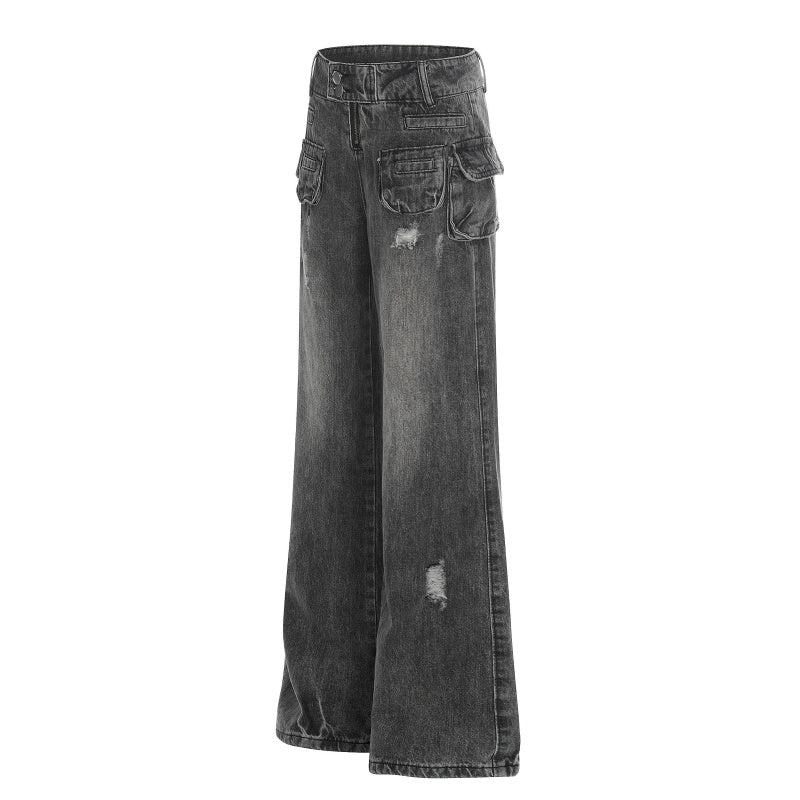 American-style streetwear harem pants Multi Pocket Ripped Vintage Flare Jeans