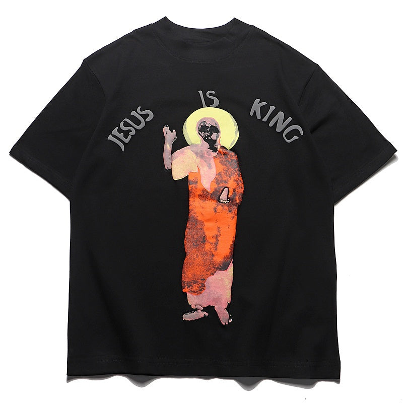 Mens T-shirt Vintage American-style Kanye-style oversized drop-shoulder tee with "Jesus/God" puff print.