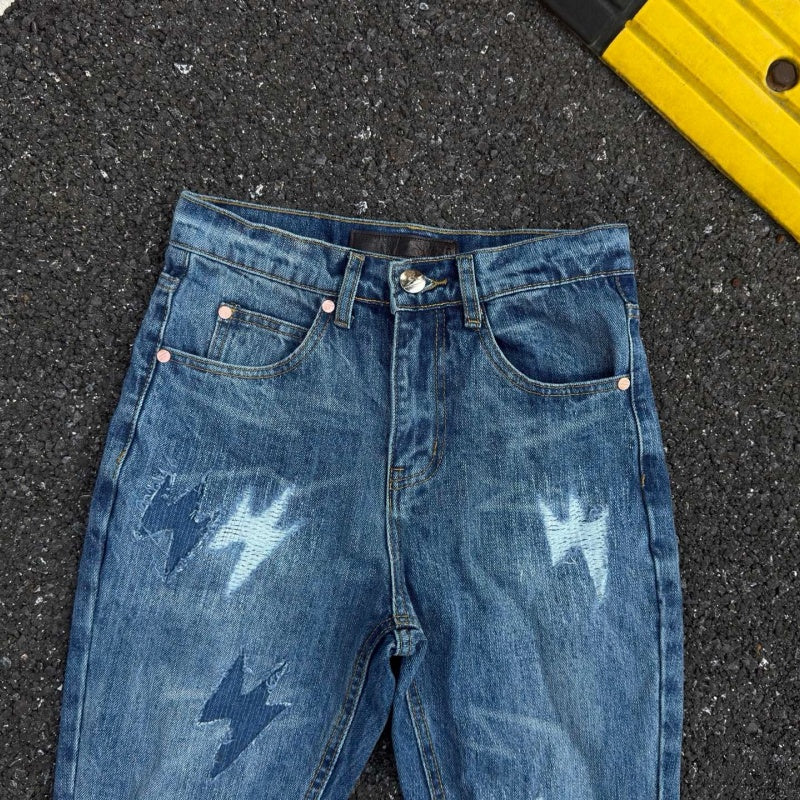 Lightning Pattern Jeans High-quality high-street pure cotton trousers