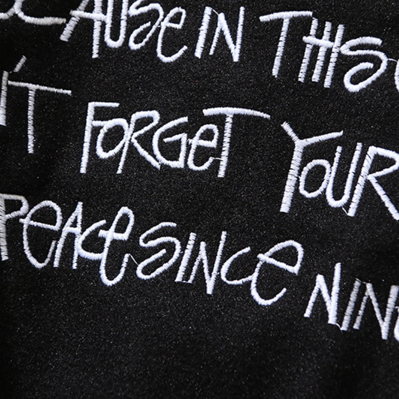 American-style baseball jacket American-style trendy high-street streetwear featuring back-panel graffiti, slogan, and lettering with intricate, high-density embroidery—embodying the "vibe" aesthetic.