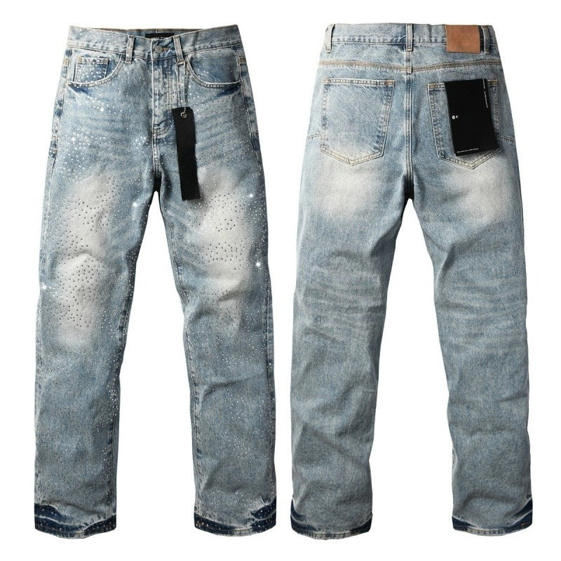 Purple brand Jeans High-quality pure cotton streetwear trousers Rhinestone-embellished loose straight-leg trousers