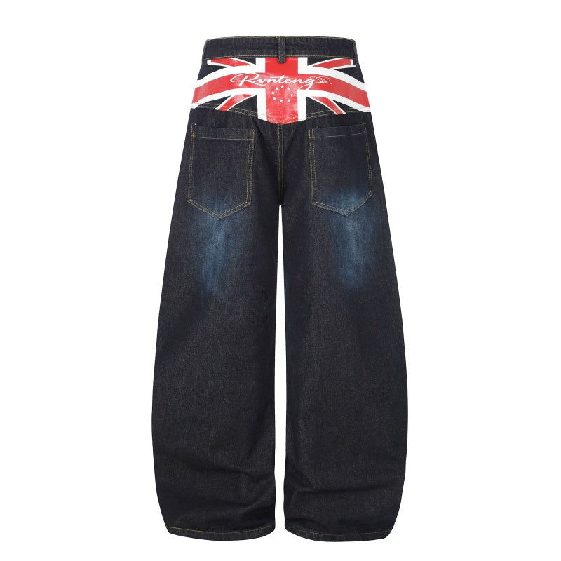 American-style streetwear harem pants Faded Washed Flag Detail Curved Barrel Trousers