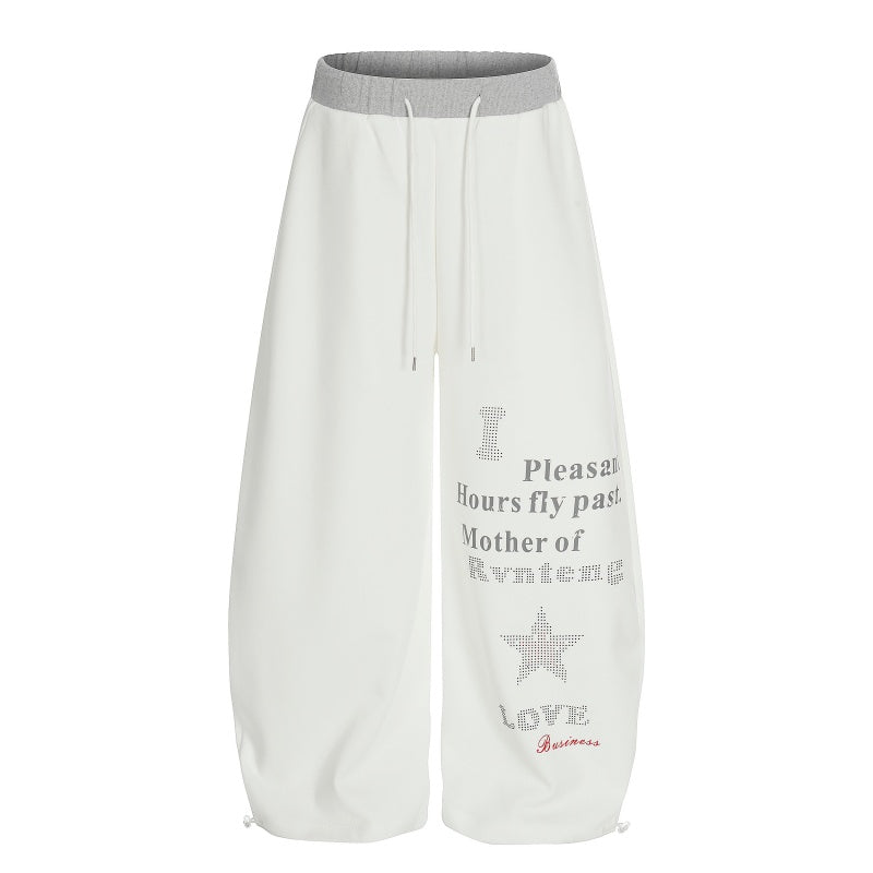 American-style streetwear harem pants Two-Tone Waist Typography Wide Curved Pants