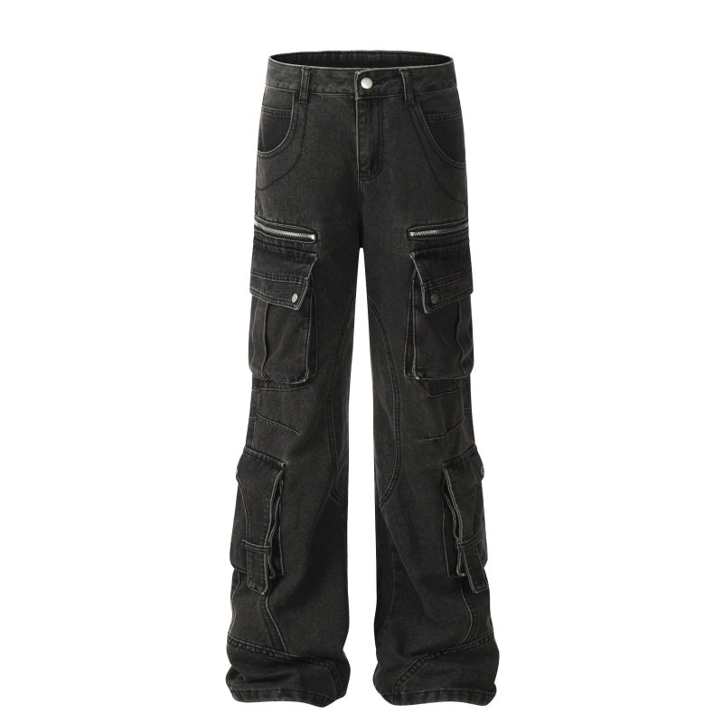 American-style streetwear harem pants Loose Fit Multi Pocket Flared Cargo Jeans, Streetwear Washed Trousers