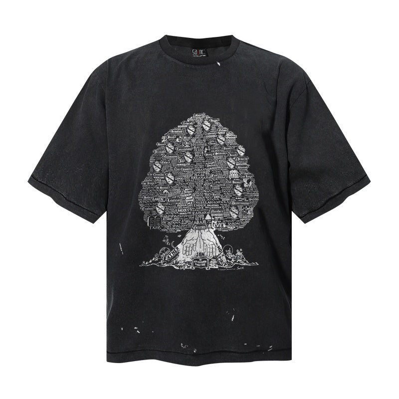 Saint Michael T Shirts Acid Washed Black Detailed Engraved Tree Village Sketch Print