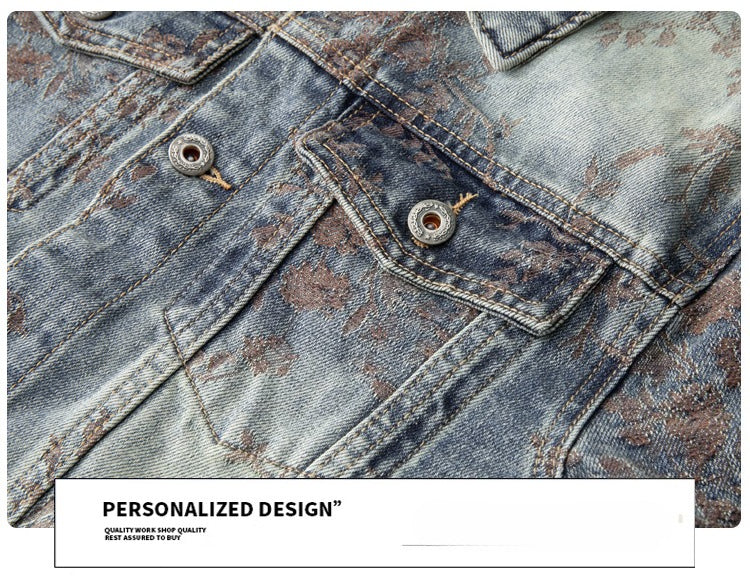 Denim Jacket & Jeans High-Street Trend Retro Casual Matching Botanical Graphic Trucker Jacket and Slim-Fit Pants Outfit(jacket and jeans must be purchased separately.)
