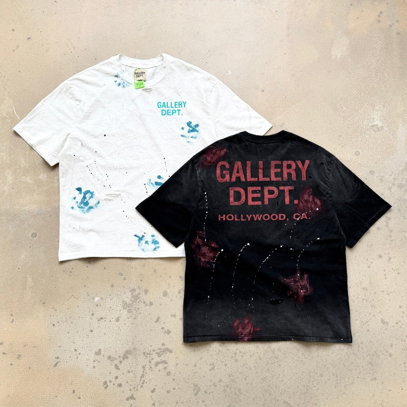 Unisex Vintage T Shirts GALLERY DEPT. 26SS "California Exclusive" Street Graffiti-Style T-Shirt: Featuring hand-painted splatter details, multi-location hand-distressing, heavyweight enzyme-washed fabric, and an all-over hand-applied "dirty wash" spr