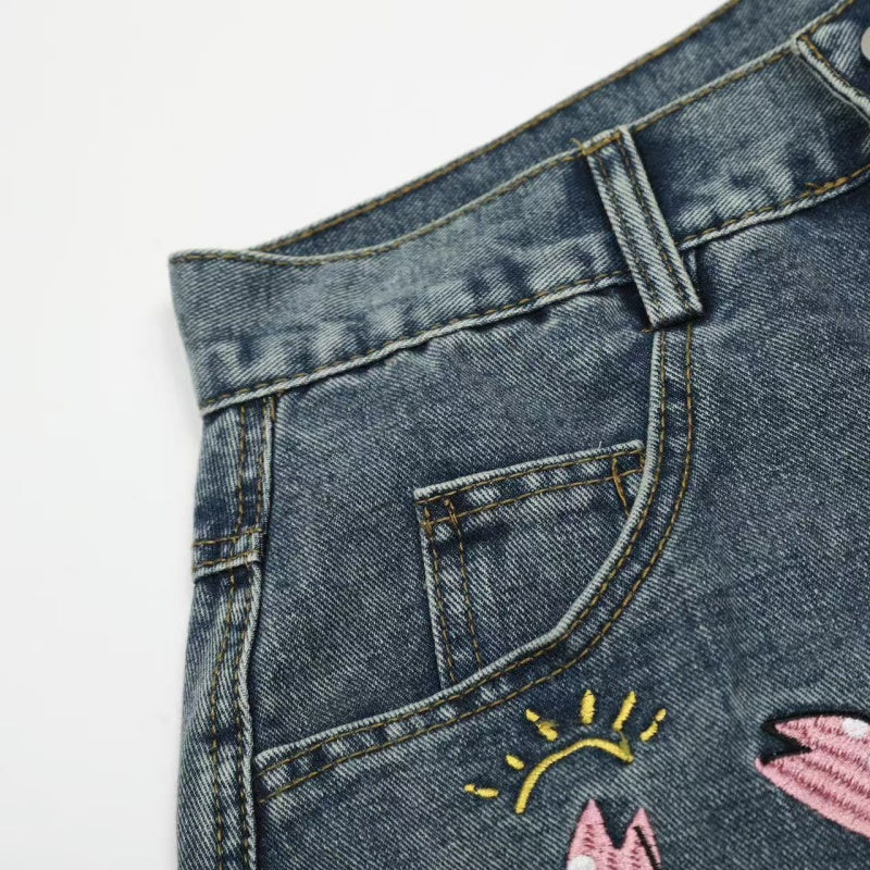 American-style streetwear harem pants Tropical Beach Marine Embroidery Baggy Denim