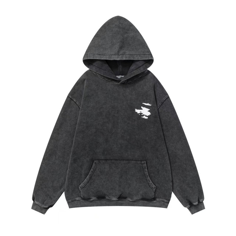 ERD Hoodie Retro Aged Soft Oversized Pullover Front Mini White Sketch Back Three Separated Outline Motifs