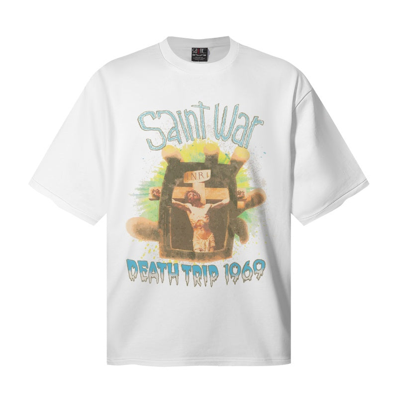 Saint Michael T Shirts Splash Color Background Crucifix Portrait Two-Tone Blue Text Front Graphic