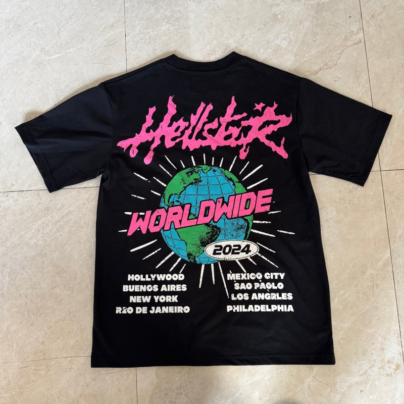 Vintage-style American T-shirt Bold Pink Script Global Scene Design