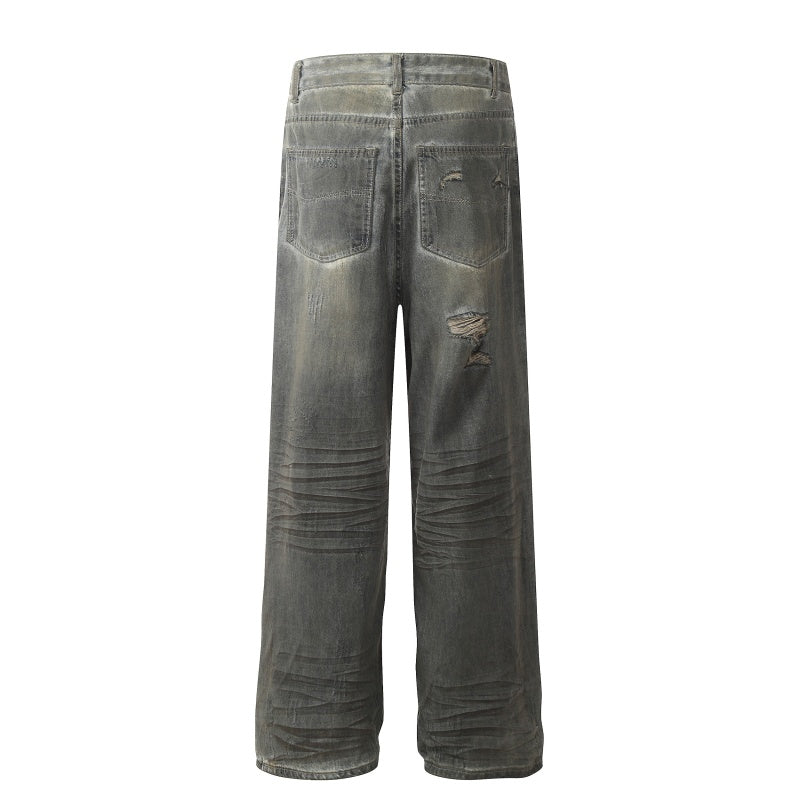 American-style streetwear harem pants Multi‑Torn Knee Grunge Streetwear Denim Trousers