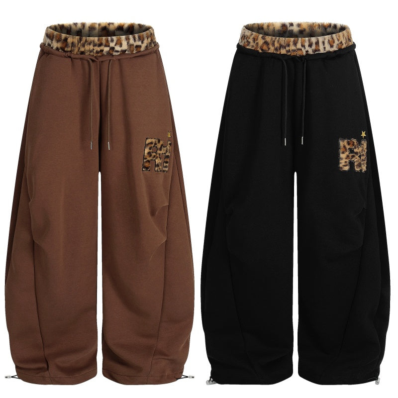 American-style streetwear harem pants Grunge Leopard Patch Draped Wide Sweat Bottoms