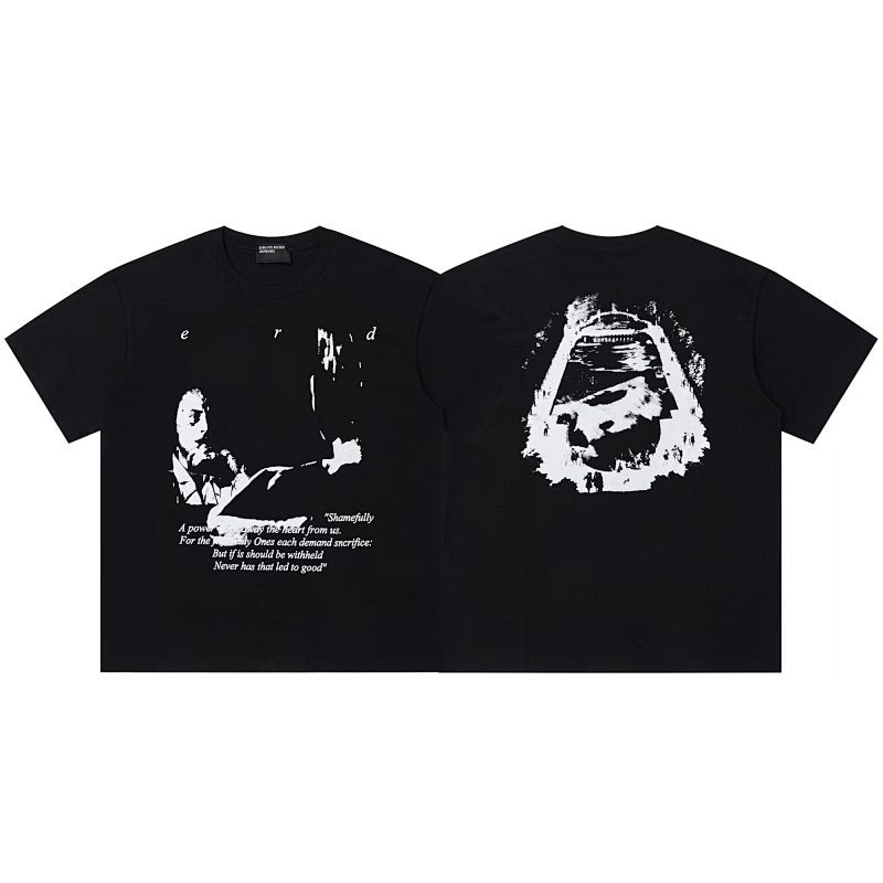 ERD T Shirts Worn Texture Monochrome Character Double Sided Casual Top