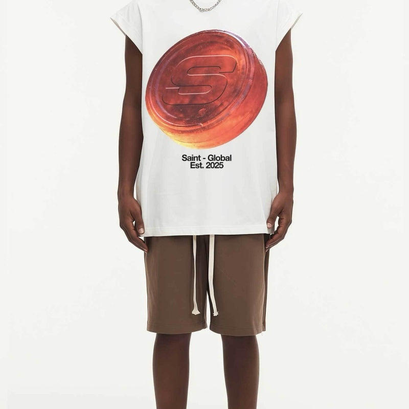 BIG FACE Drop-Shoulder Tank Top High-street vintage style featuring a small neckline, white-ink digital direct-to-garment (DTG) printing, and a heavy-duty, distressed wash finish; crafted from 260g double-yarn plain-knit fabric.