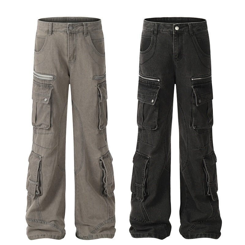 American-style streetwear harem pants Loose Fit Multi Pocket Flared Cargo Jeans, Streetwear Washed Trousers