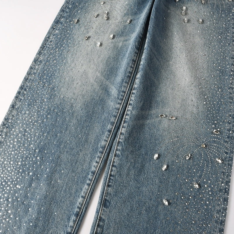 Purple brand Jeans High-quality pure cotton streetwear trousers Rhinestone-embellished straight-leg ripped jeans