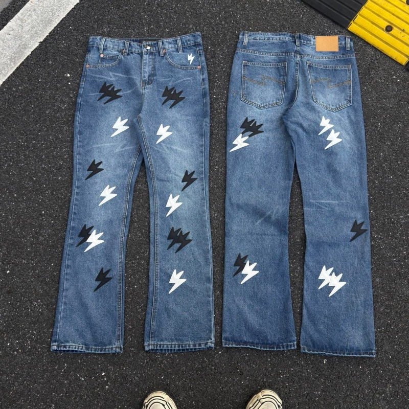 Lightning Pattern Jeans High-quality high-street pure cotton trousers