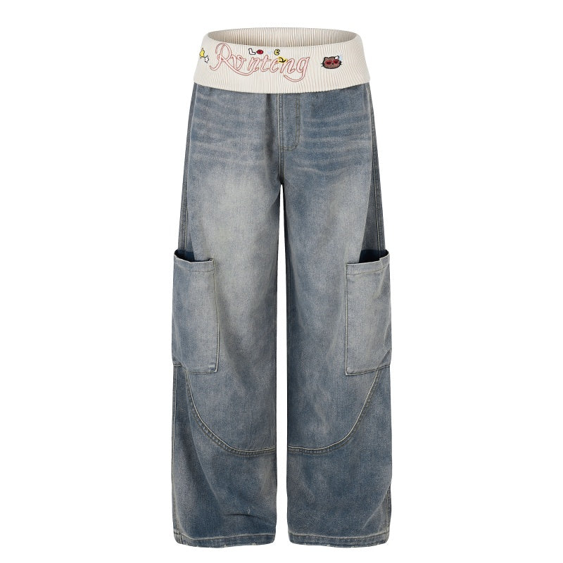 American-style streetwear harem pants Faded Wash Contrast Rib Waist Cargo Curved Bottoms