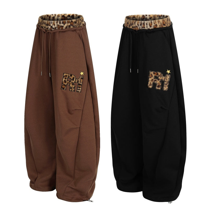 American-style streetwear harem pants Grunge Leopard Patch Draped Wide Sweat Bottoms