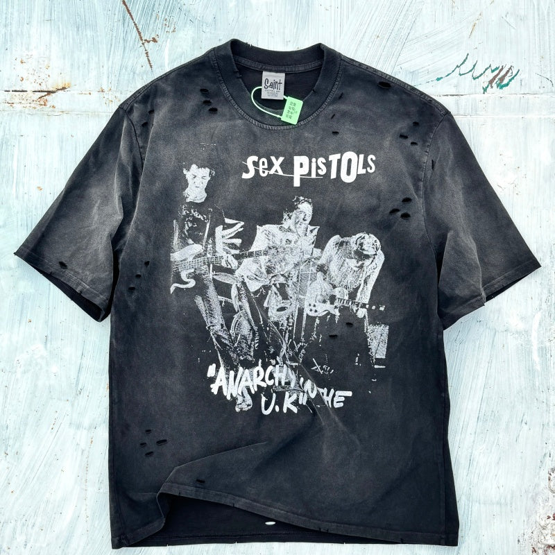 Unisex Vintage T Shirts Sex Pistols – Hand-distressed, washed, and vintage-finished at multiple points.