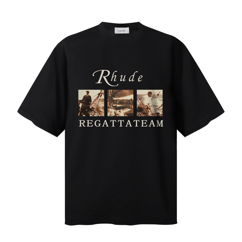 RHUDE T Shirts Multi‑Image Collage With Cursive Statement Print