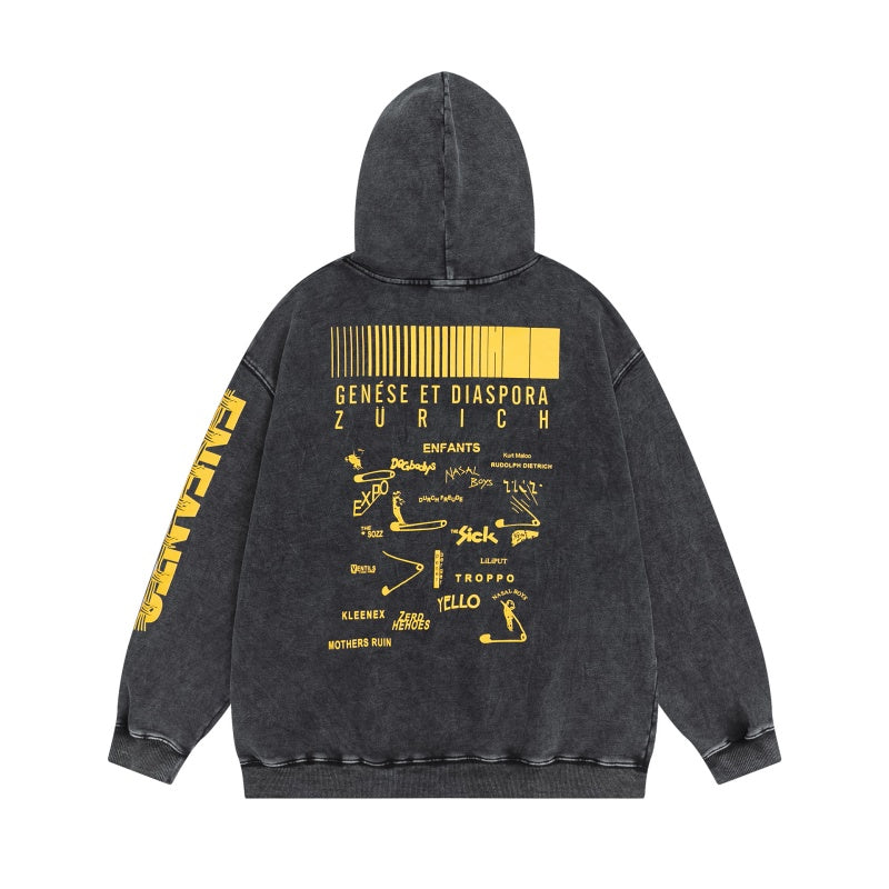 ERD Hoodie Distressed Stone Wash Top Multi-Panel Yellow Barcode Text & Schematic Artwork
