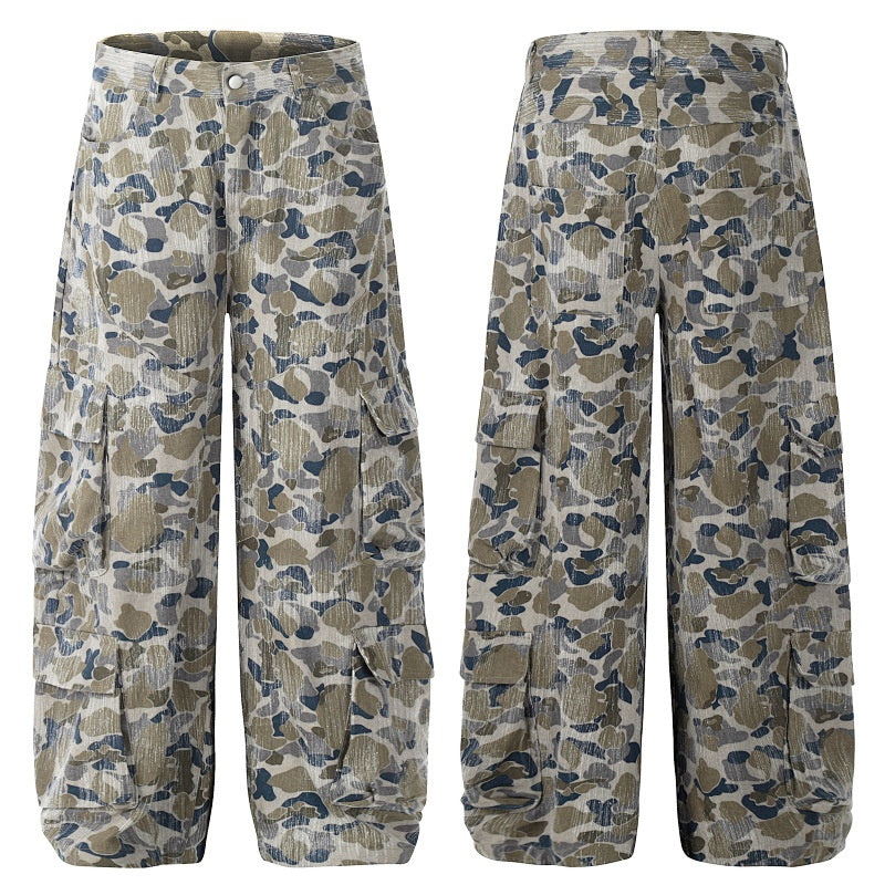 American-style streetwear harem pants Vintage faded camo multi-pocket casual design