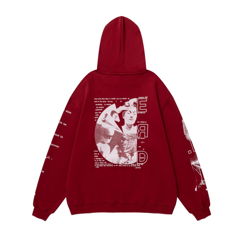 ERD Hoodie Burgundy Pigment Washed Oversized Pullover Chest Mini Emblem Circular Collage Portrait Back Print Allover Sleeve Graphics