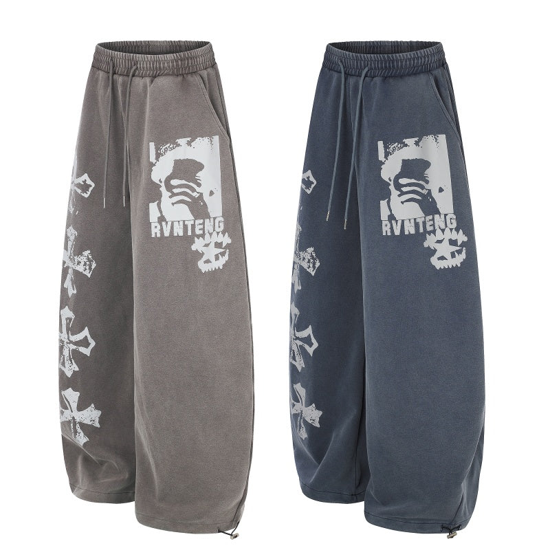 American-style streetwear harem pants Faded Cross Graphic Loose Sweat Trousers