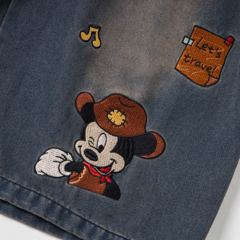 Street-style vintage Cropped trousers Retro Casual Hip Hop Patchwork Denim Jorts with Cute Character Embroidery