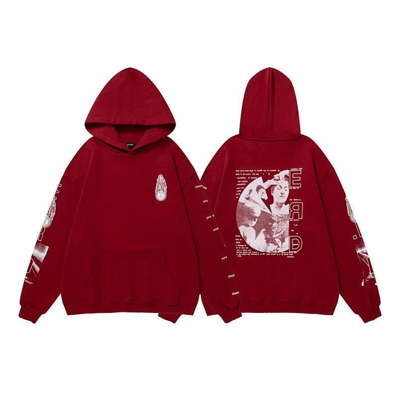 ERD Hoodie Burgundy Pigment Washed Oversized Pullover Chest Mini Emblem Circular Collage Portrait Back Print Allover Sleeve Graphics